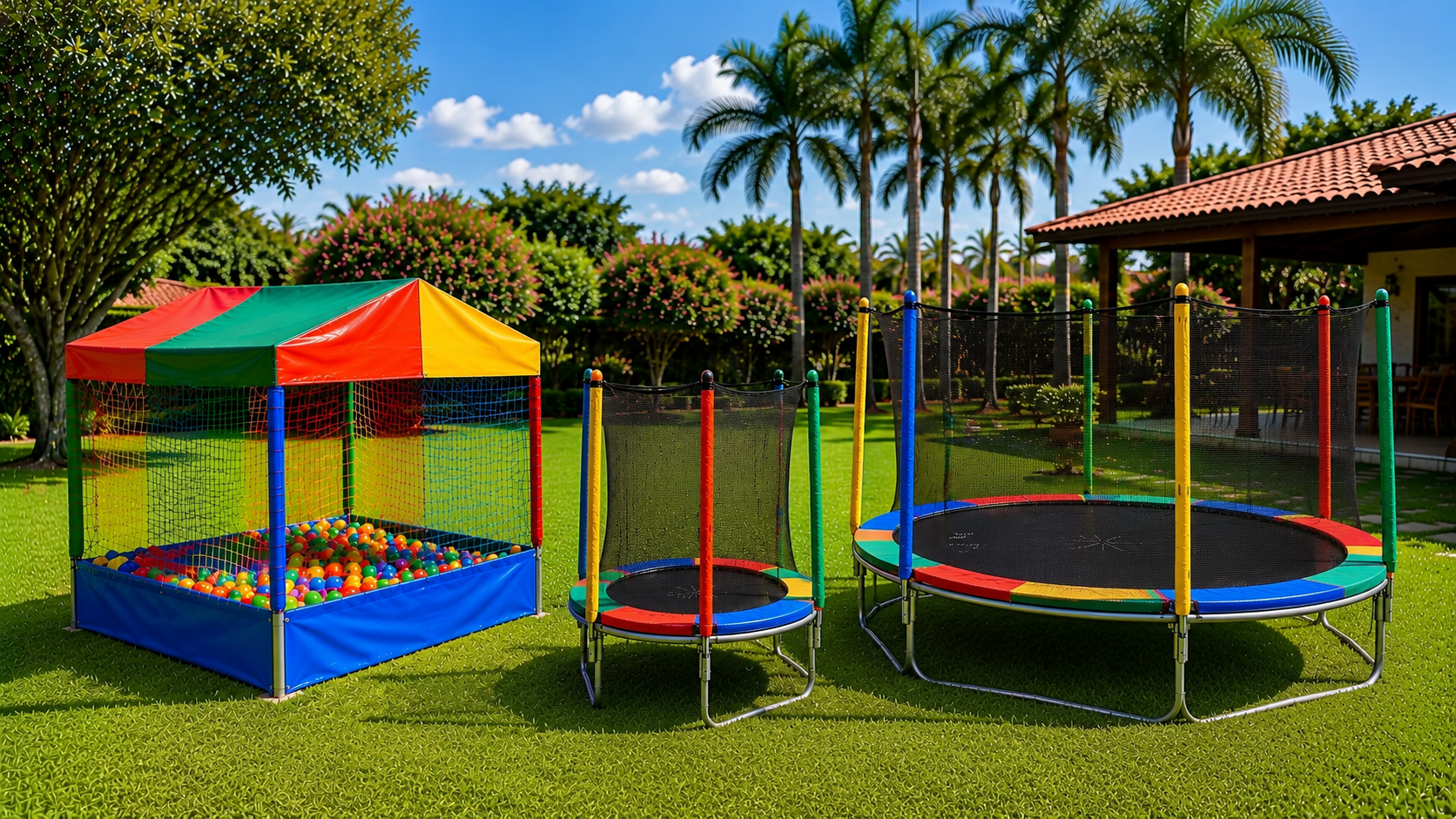Dupla Diversão com camas elásticas pequena e média e piscina de bolinhas