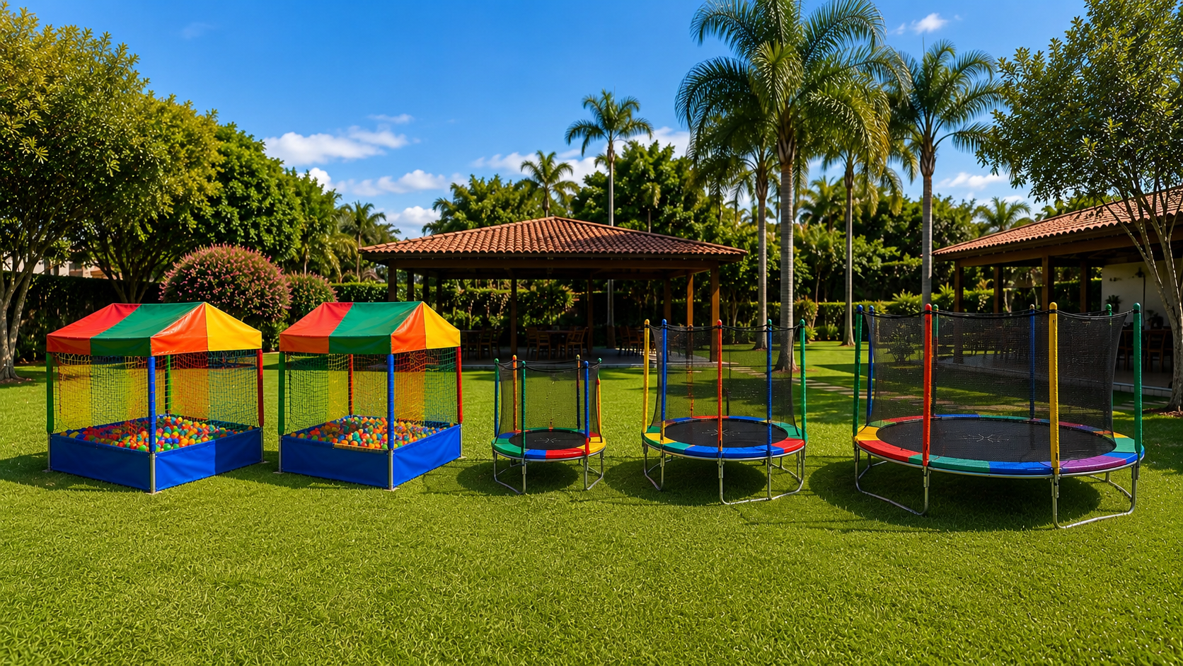 Master com três camas elásticas e duas piscinas de bolinhas